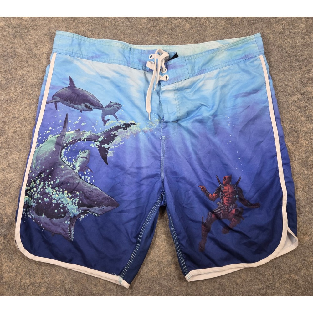 Marvel Deadpool Shark Board Shorts Mens 2XL Blue Swim Trunks Graphic Ombre
